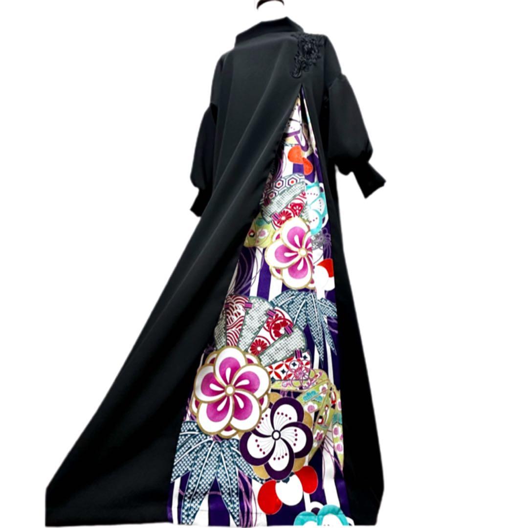 振袖　着物リメイク　ドレス　黒×檜扇に梅や松　和柄　ワンピース　ハンドメイド