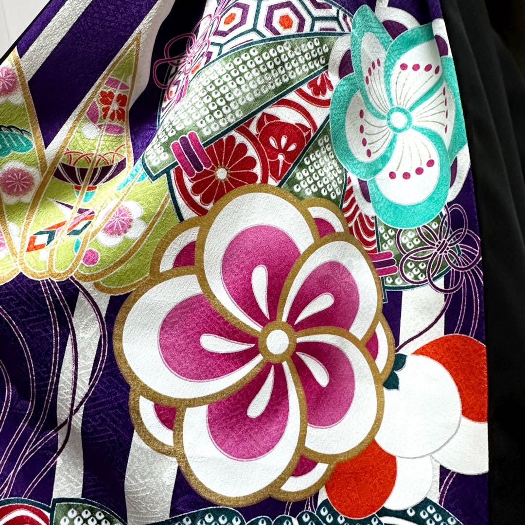 振袖　着物リメイク　ドレス　黒×檜扇に梅や松　和柄　ワンピース　ハンドメイド