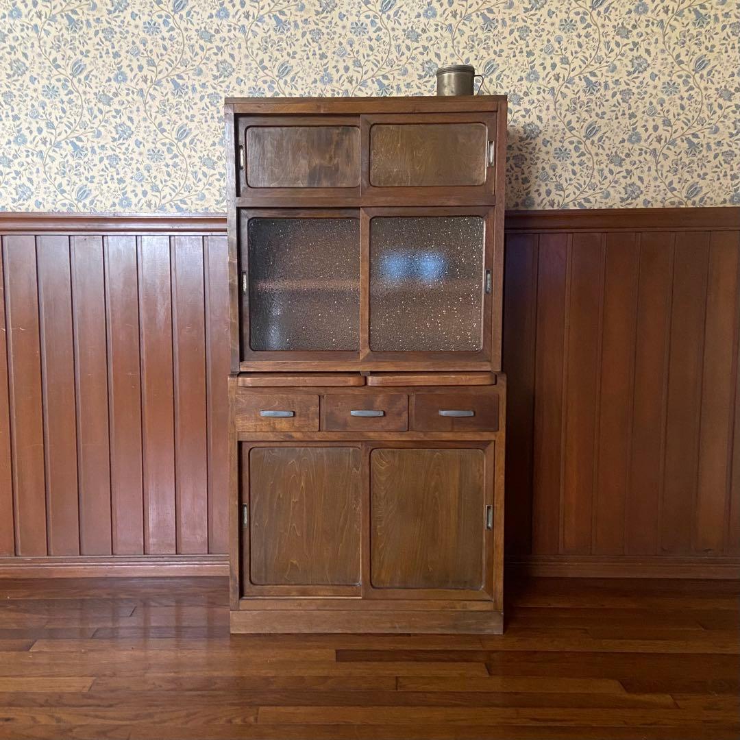 アンティーク　食器棚　置き台付き　希少な棚　ダイヤガラス　戸棚　昭和レトロ