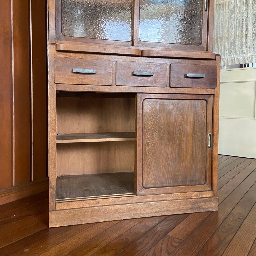 アンティーク　食器棚　置き台付き　希少な棚　ダイヤガラス　戸棚　昭和レトロ