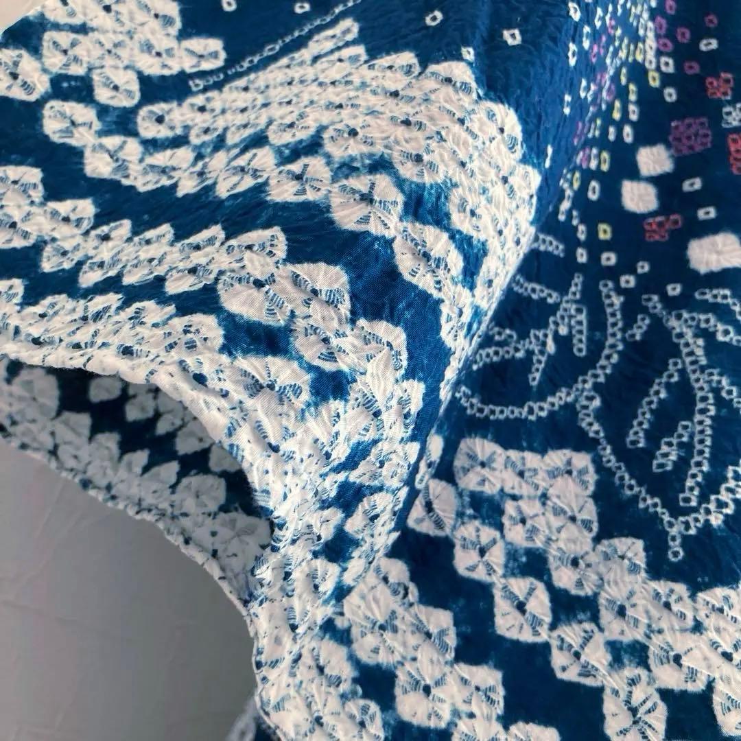 有松絞り浴衣・蜘蛛絞り　青緑　紫陽花　手縫い　絞り浴衣　裄70cm No7-15