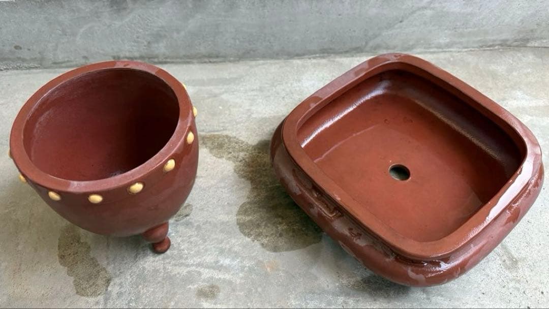 盆栽鉢2点セット！中国鉢　刻印入り　盆栽　中国宜興