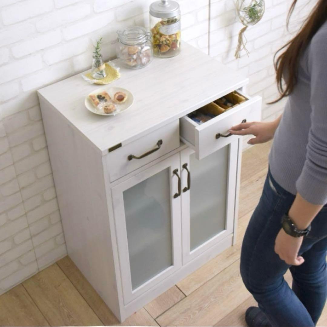 【める】耐震 食器棚 ロータイプ スリム ホワイト カウンター 収納