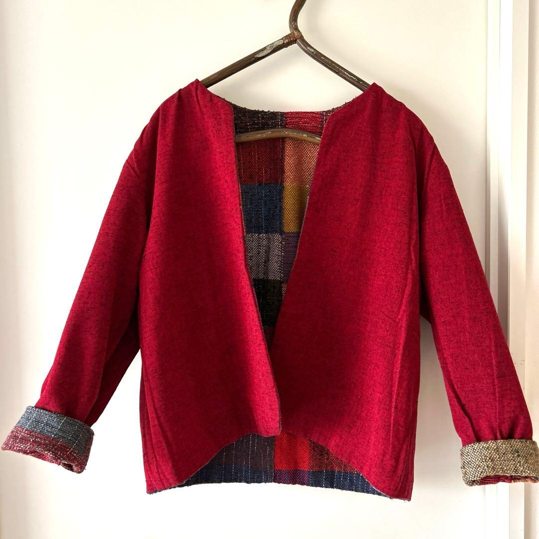 一点物　ハンドメイド　リバーシブル　久留米絣　手織り　ノーカラージャケット