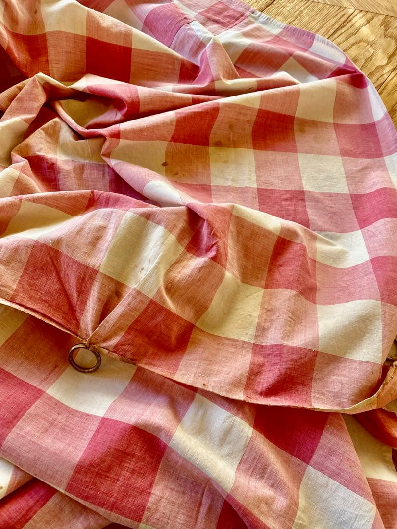 フランスアンティーク 19世紀のカーテン ギンガムチェック 希少な古裂です