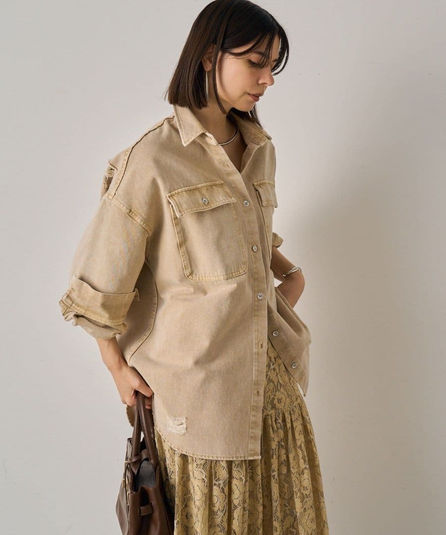 【Loungedress】ダメージデニムシャツ　ベージュ Sサイズ