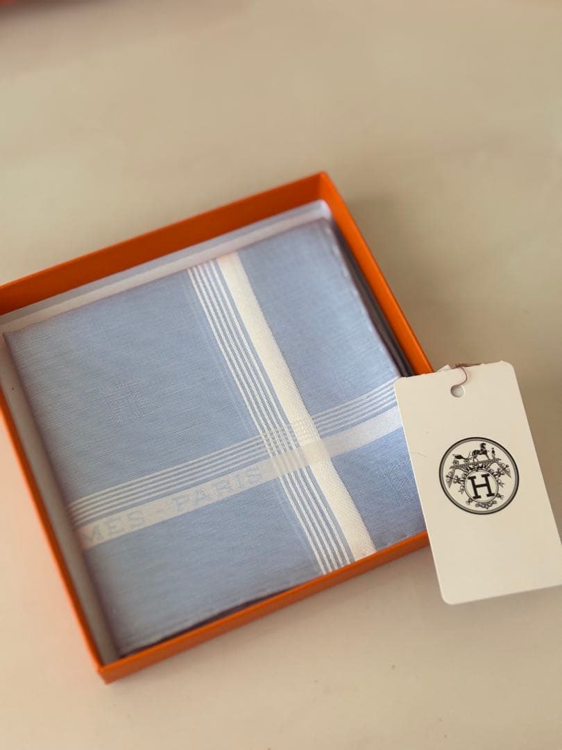 【新品未使用】HERMES エルメス 水色 ストライプ ハンカチ