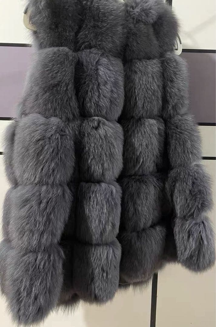 リアルフォックスファーフード付きハーフベスト2Lサイズ　グレー　新同美品