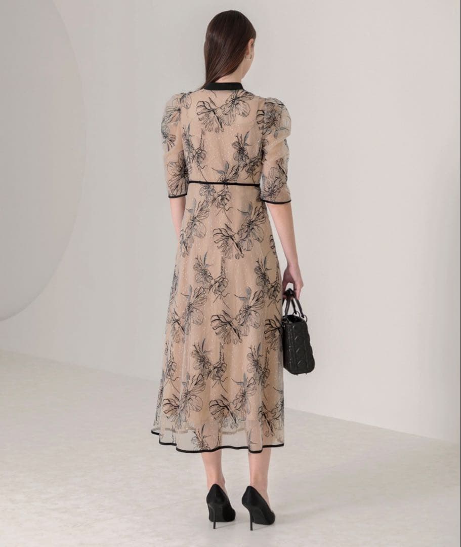 Leja 花柄リボンパフスリーブマーメイドフレアワンピースドレス　結婚式