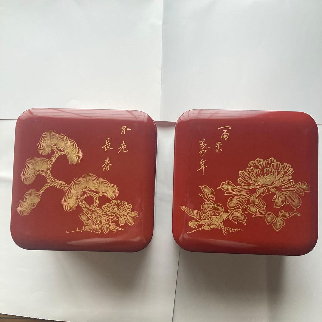 百寿万年　不老長春　二段　漆塗　赤金　重箱　2種