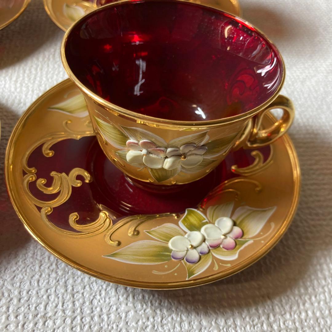 ベネチアングラス　赤と金の花柄ティーセット