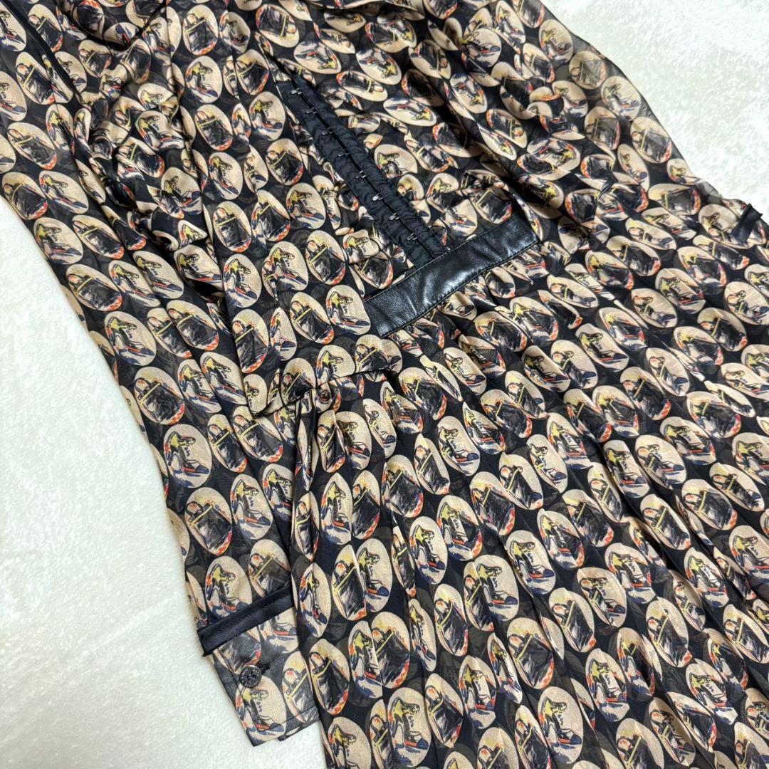 美品 ドルチェアンドガッバーナ ボウタイ シルク ワンピース ラムレザー 総柄