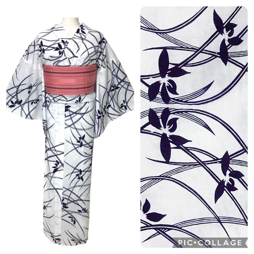 【浴衣】草花模様 芝草　注染　白地 ホワイト　古典 綿 ＋半幅帯セット