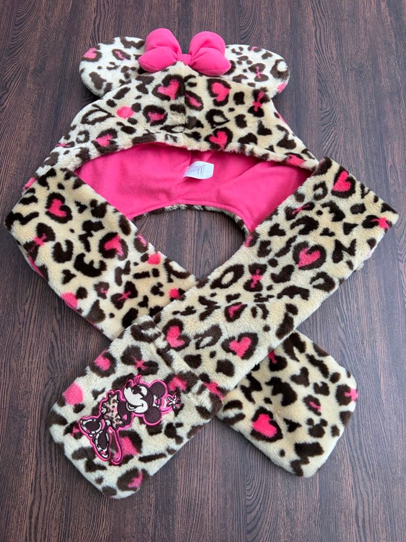 ディズニー　ミニー　ヒョウ柄マフラー　ファンキャップ