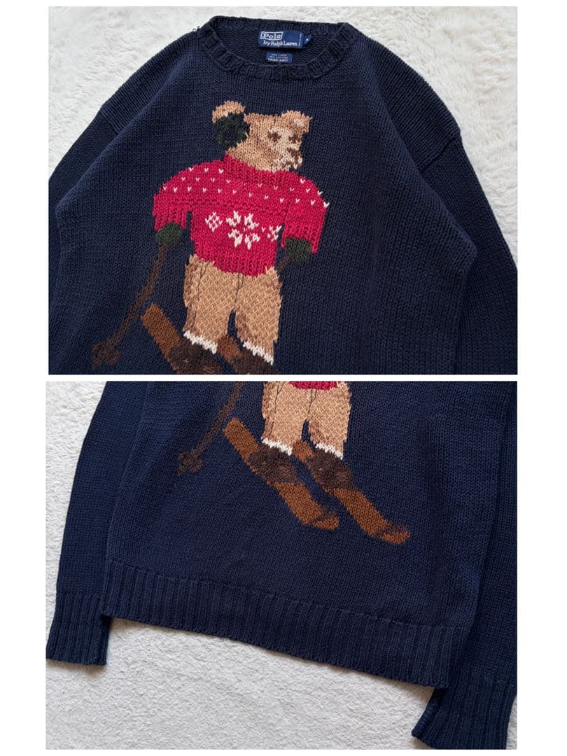 【90s】ポロバイラルフローレン ハンドニット ポロベア スキー柄 ネイビー M