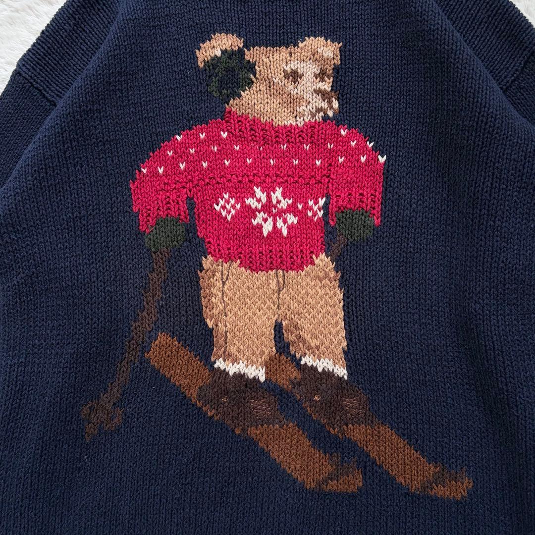 【90s】ポロバイラルフローレン ハンドニット ポロベア スキー柄 ネイビー M