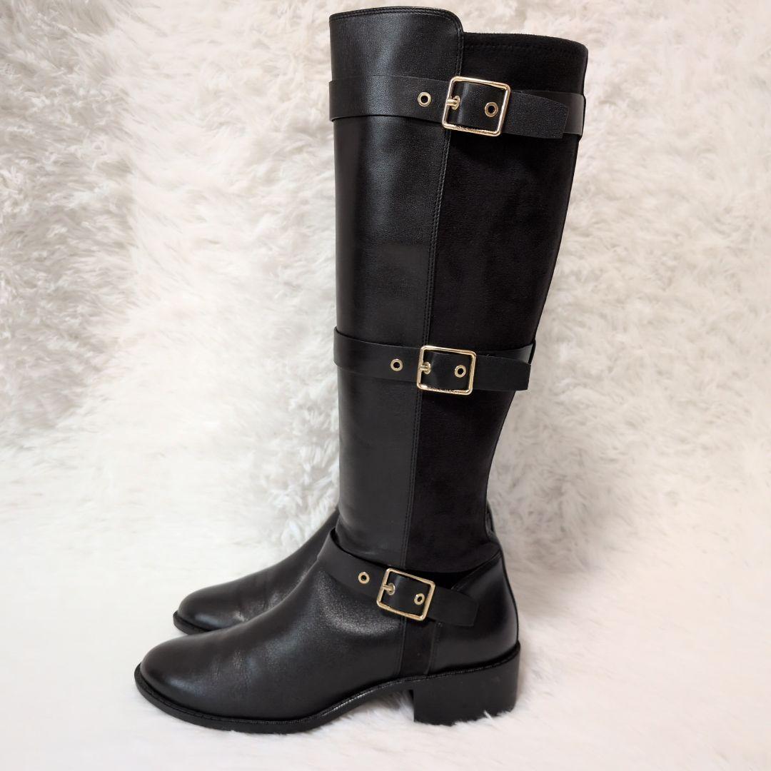 【未使用級】コールハーン　ロングブーツ　黒　24cm ジョッキーブーツ　レザー
