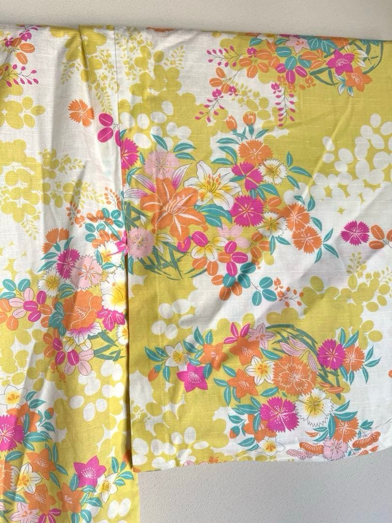 【柴田】美品　撫松庵　黄色に花　単衣／浴衣