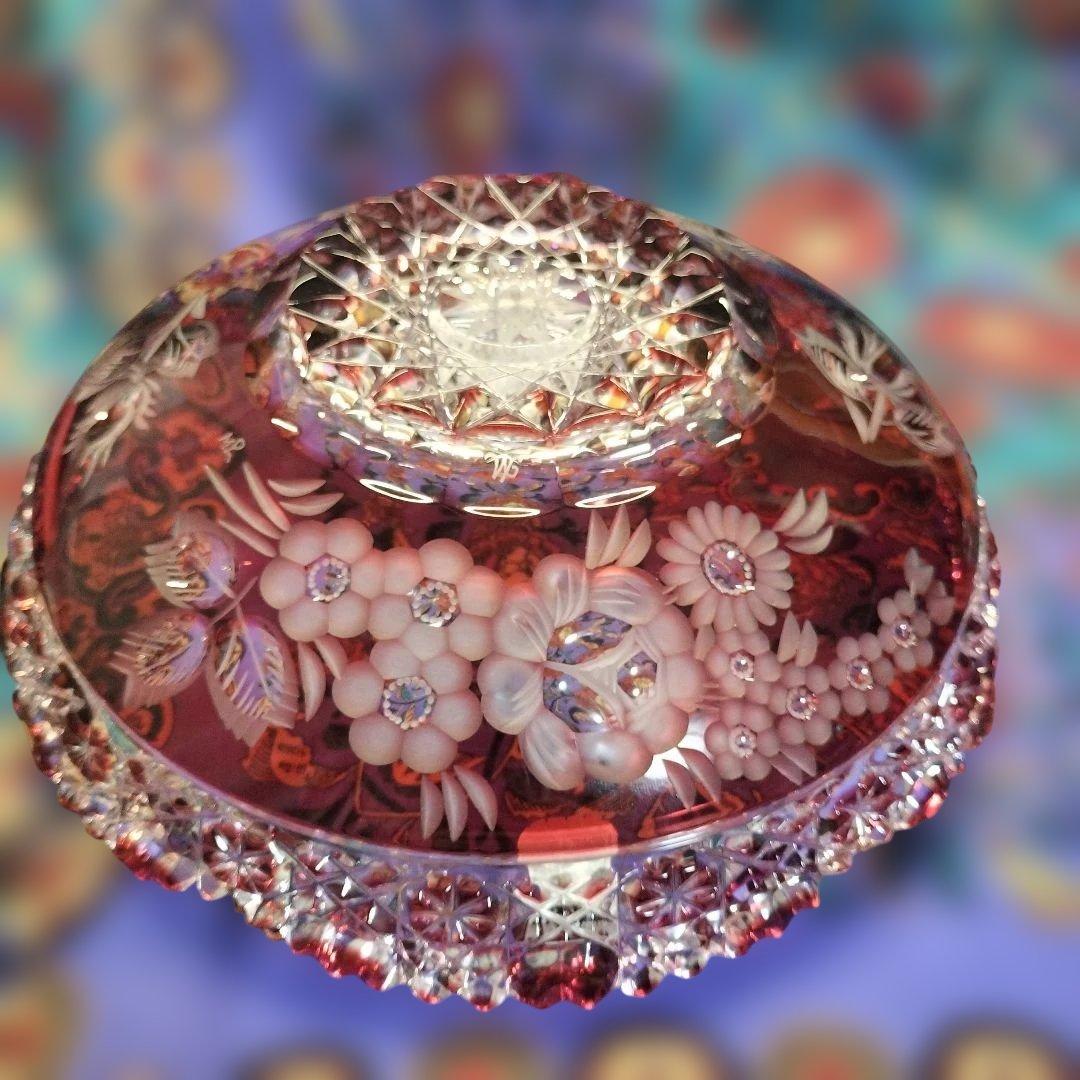 マイセンクリスタル ボール25cm 赤被せ バラ