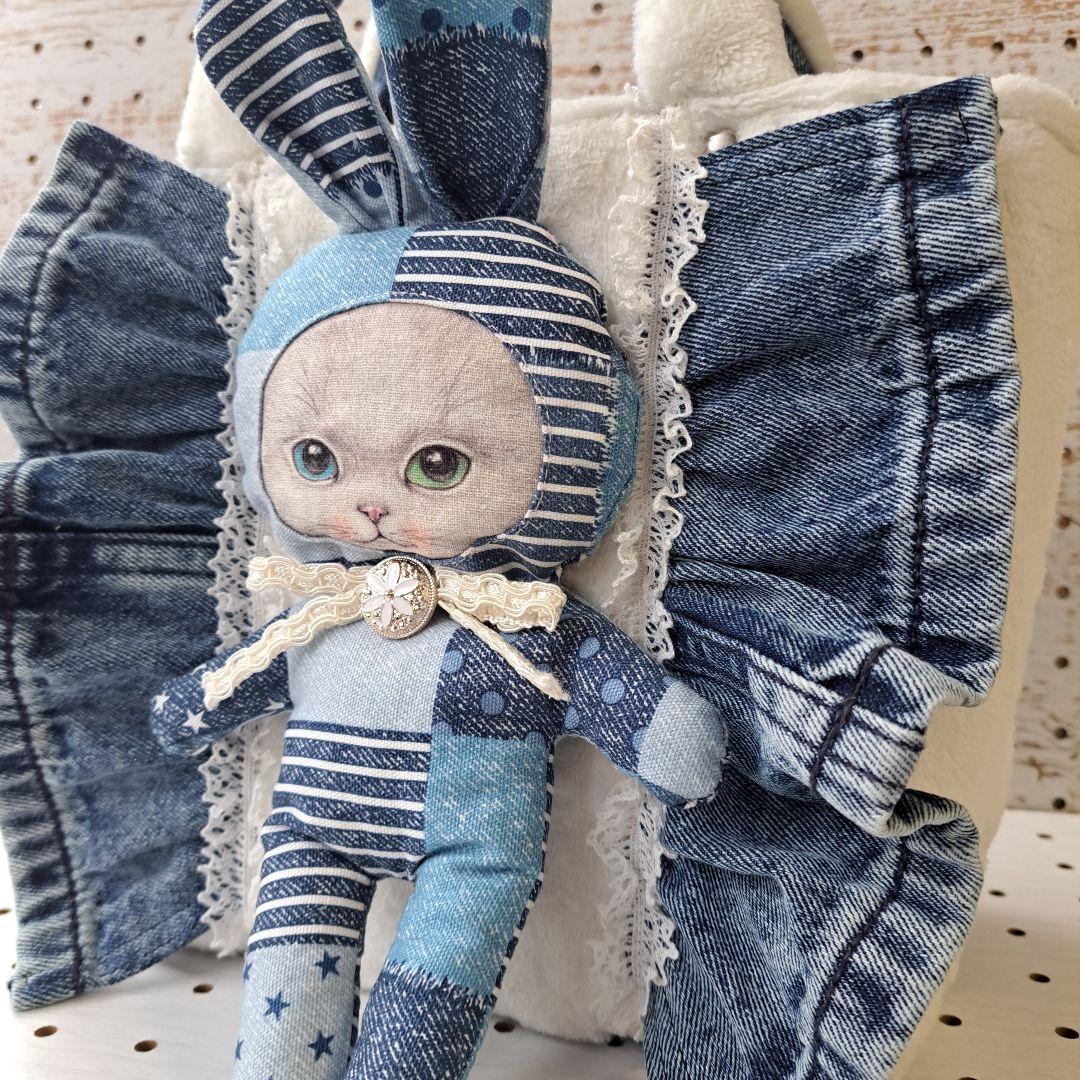 ゆ*ら様 コヤンイサムチョン　オッドアイねこちゃん　デニムリメイクトートバッグ