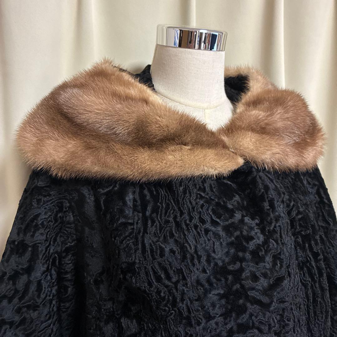 1950s-60sヴィンテージ黒ラムウールミンクファー襟 毛皮ショートコート