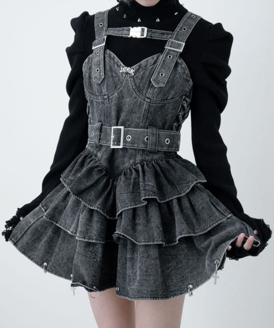 LAZYSLAY デニムチャームワンピ グレー ジャンパースカート