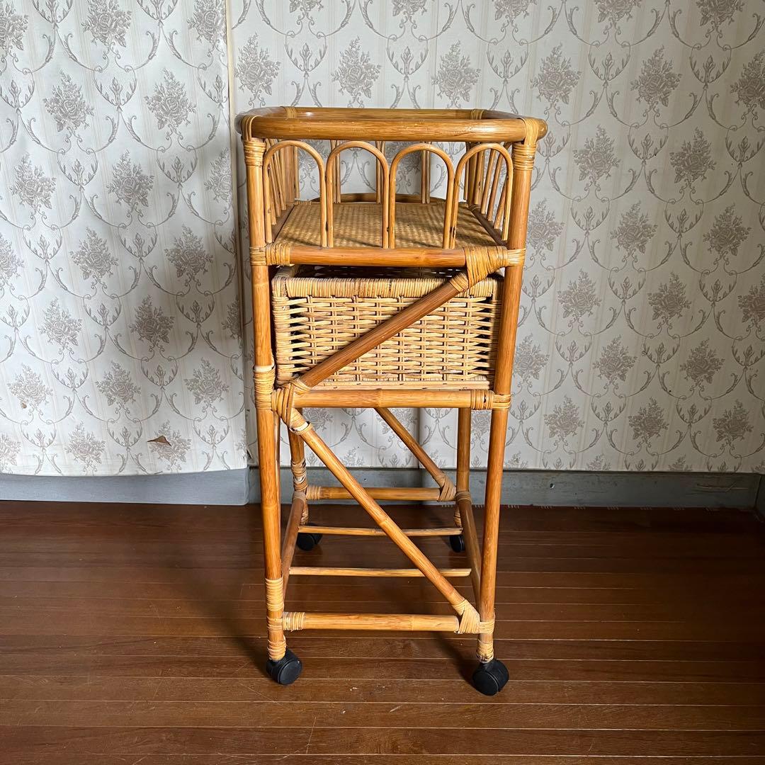 【アンティーク】籐 ラタン キャスター付き ランドリーラック シェルフ 脱衣かご