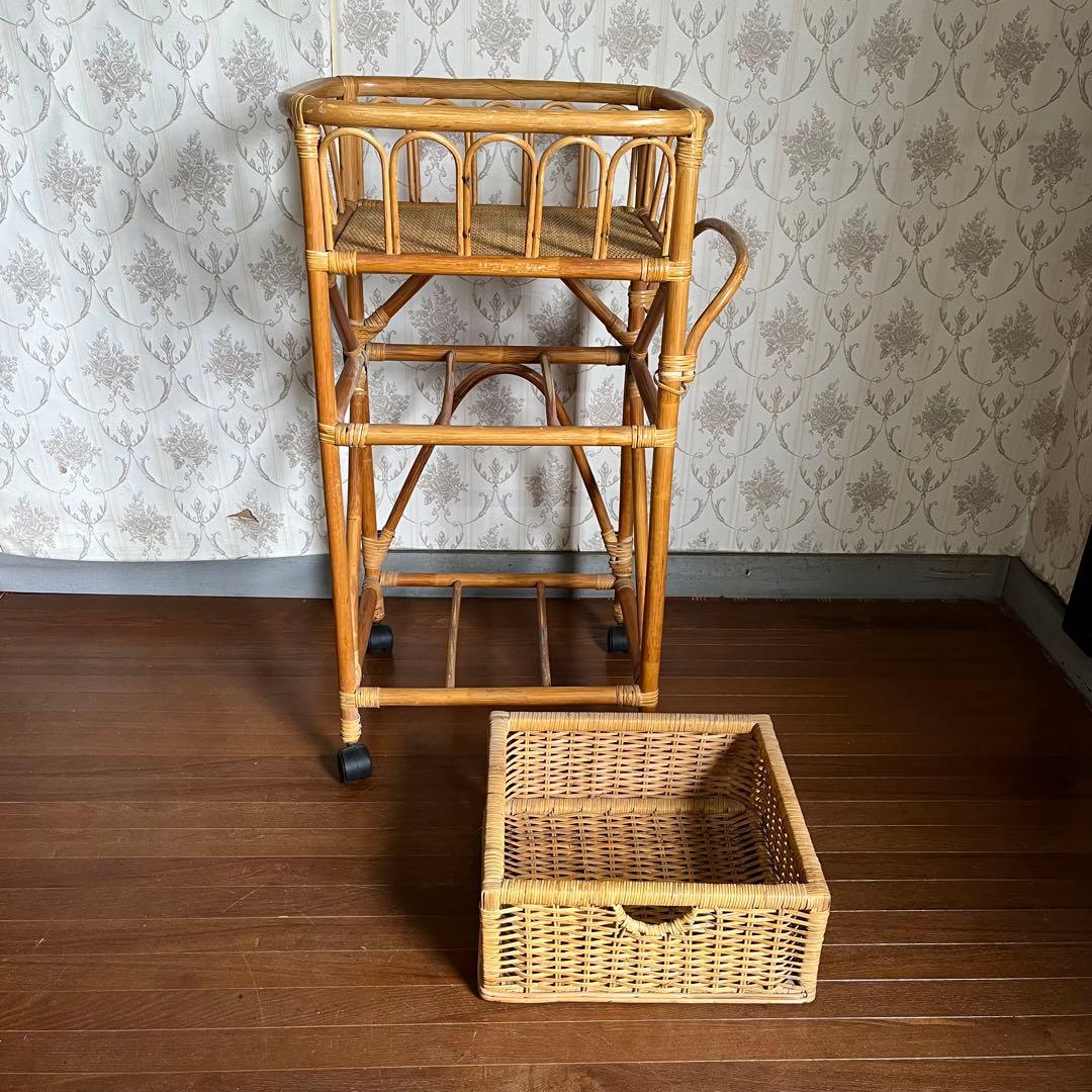 【アンティーク】籐 ラタン キャスター付き ランドリーラック シェルフ 脱衣かご