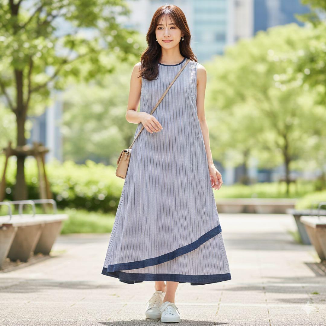 極美品　エムズグレイシー　デニム切替　ストライプ　ノースリーブワンピース　現行