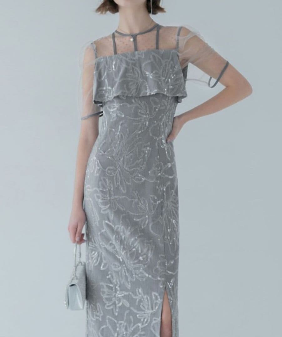 LEJA　ドットチュールフラワースパンコール　Iラインドレス　グレー　S
