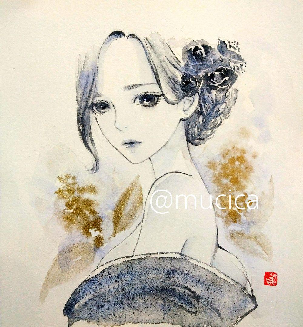 231119D 肉筆原画　絵画　手描きイラスト　オリジナル　水彩画　和装　美人画