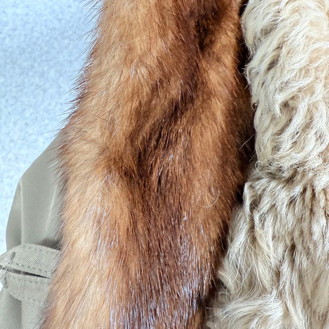 カネボウシルク　毛皮ライナー付き　スタンドカラー　ロングコート　ラム/ミンク　絹