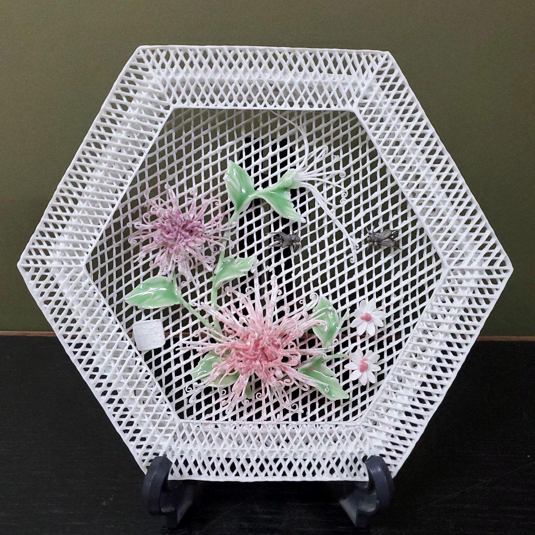 (754)✿景徳鎮窯★中国レース焼★菊鈴虫額皿★破魔オマケ付き★