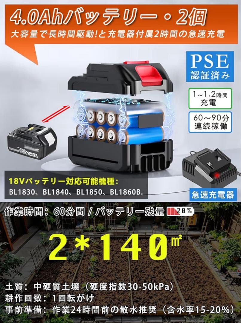 ⭐︎新品未使用⭐︎耕運機 家庭用 充電式　耕幅255mm/耕深220mm PSE