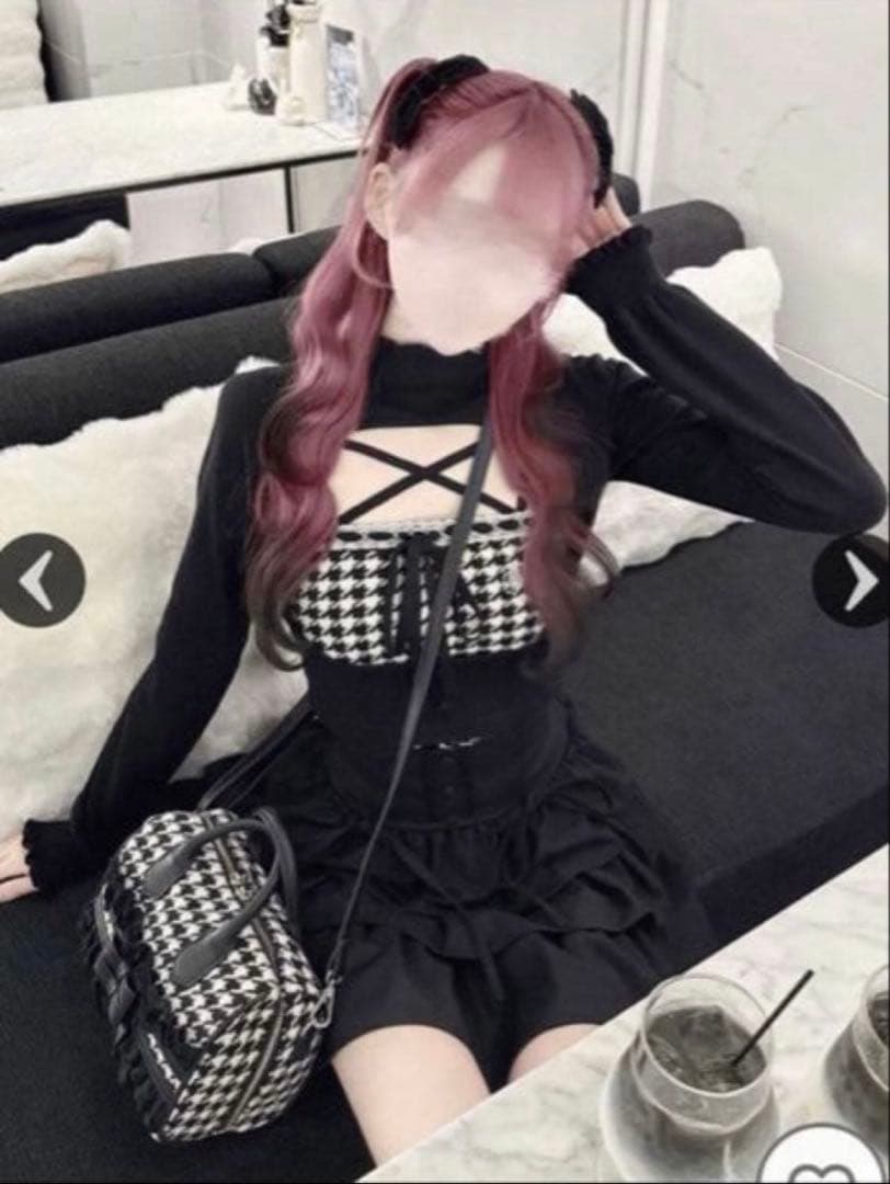 ハニーミュウ HONEYMEW 千鳥柄ハイネックアンサンブルトップス ブラック