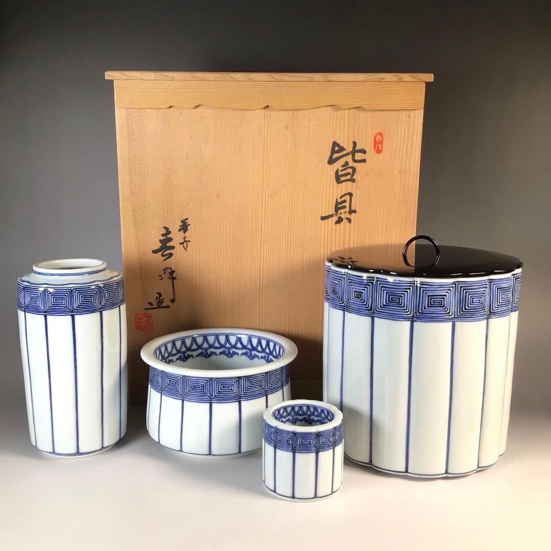 Ｍ２９６　皆具　『平安春峰造』『染付』『水指　建水　蓋置　杓立』　共箱　茶道具