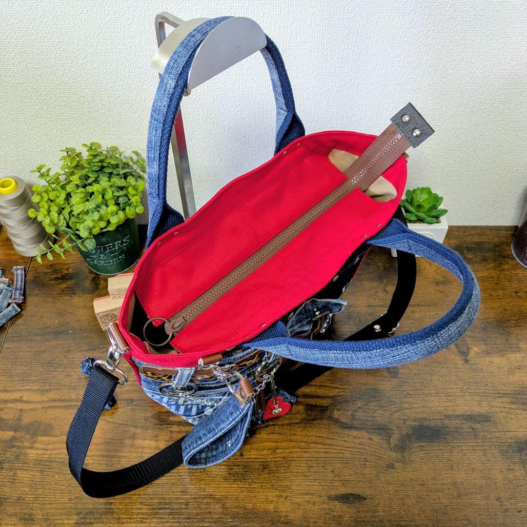 デニムリメイク 2wayトート｜薔薇刺繍×ステンシル・ポケットたくさん・底鋲付き