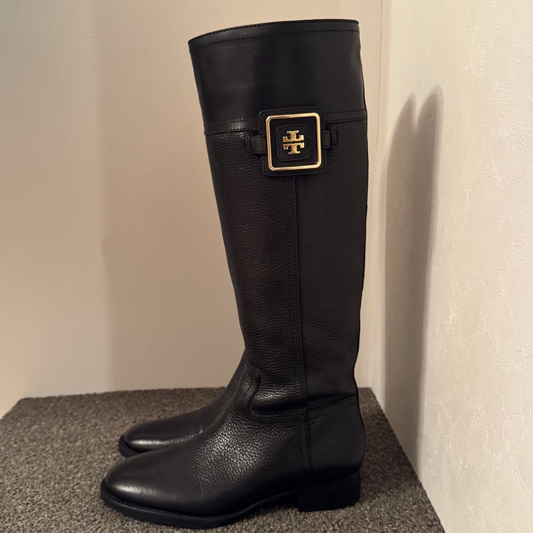 【美品】TORY BURCH ロングブーツ シボ革 黒 23cm相当