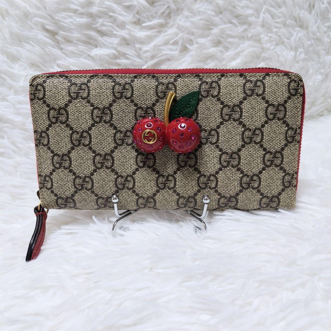 レア極美品✨チェリースプリームラウンドファスナー長財布　ゴールド金具赤レザー