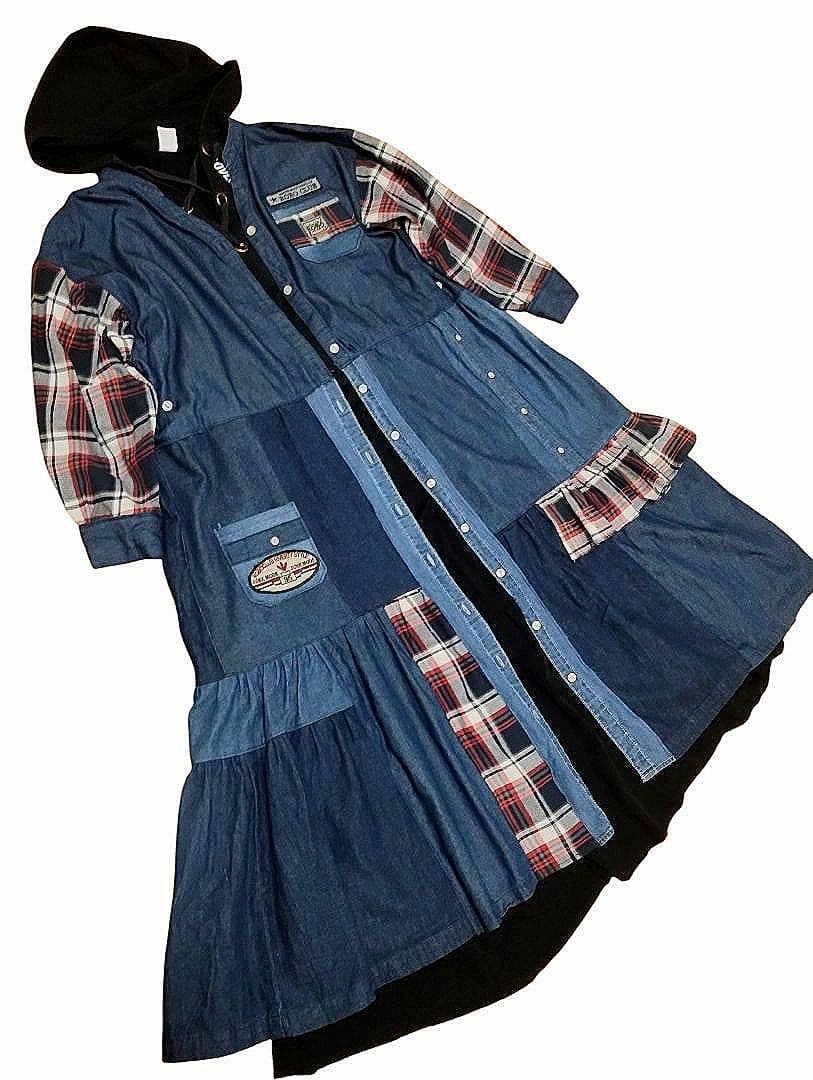 古着リメイク　ゆったり羽織れるデニムパッチワークワンピース　リメイクデニムシャツ