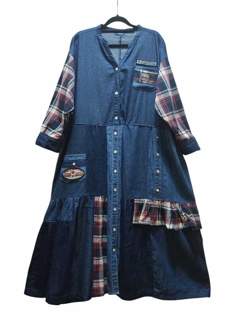 古着リメイク　ゆったり羽織れるデニムパッチワークワンピース　リメイクデニムシャツ