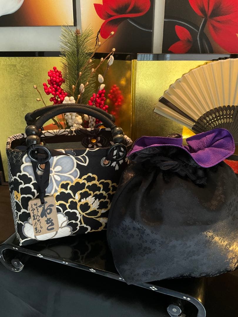 一閑張り　一閑張りバッグ　古文書　和紙　花絵柄　大正　着物　印譜　京友禅　牡丹