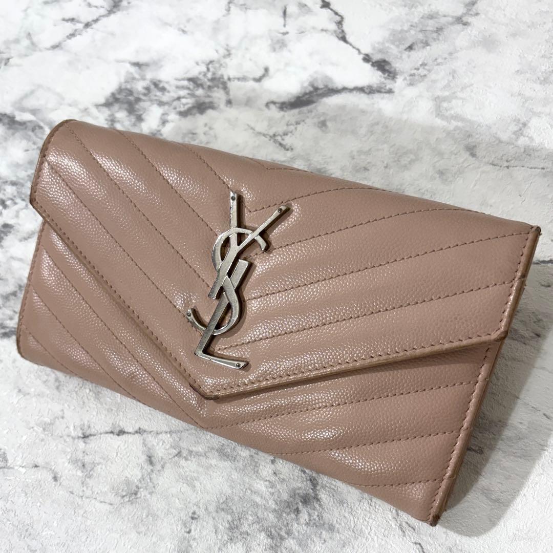 サンローラン 長財布 キルティング フラップ カサンドラ レザー ピンク