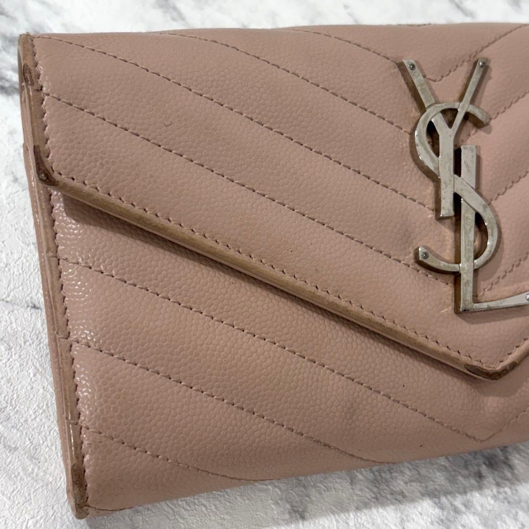 サンローラン 長財布 キルティング フラップ カサンドラ レザー ピンク