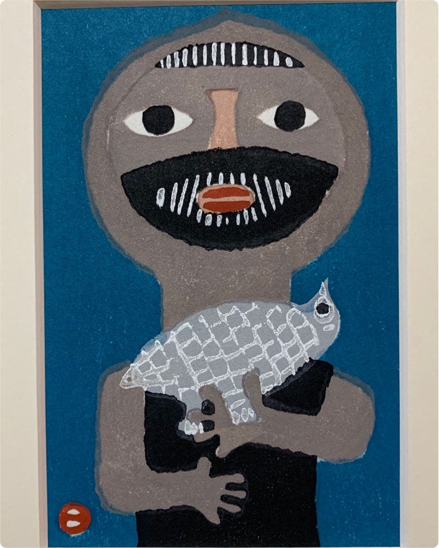 畦地梅太郎　木版画「鳥をだく」オリジナルプレート　綺麗な原色　竹芳洞手摺木版画