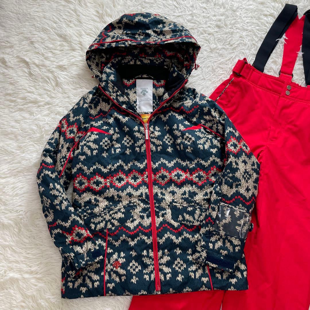 お洒落✨デサント スキーウェア セット 上下 M ニット柄 レディース 赤 緑