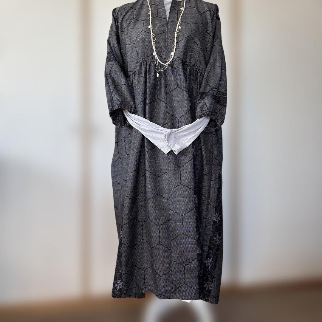 着物リメイク　古布大島紬　和装リメイク 和モダンカジュアル　旅行　体型カバー