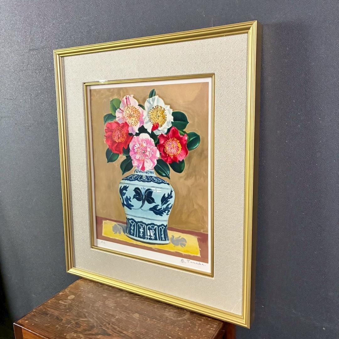 美品 田中春弥「明朝壺の椿寿華」リトグラフ 直筆サイン入り 解説書付 額縁入り
