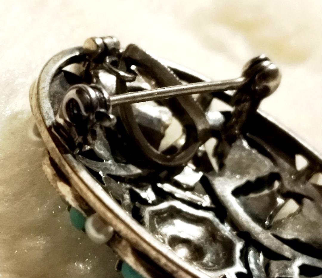 碌山 925 トルコ石 シードパール マーカサイト ブローチ ペンダントトップ