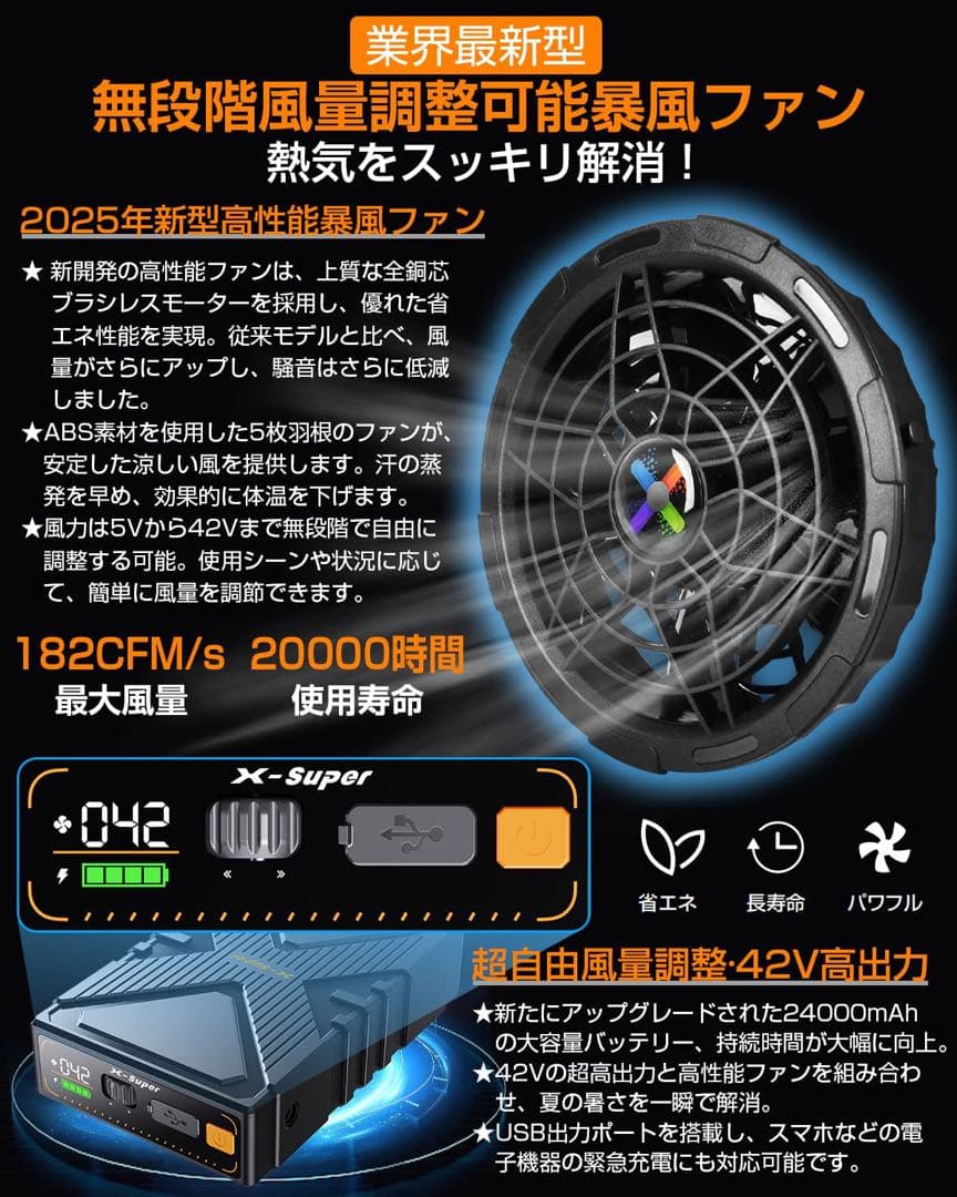 空調服用ファンバッテリーセット 最大42V出力 耐水防塵 無段階風量調